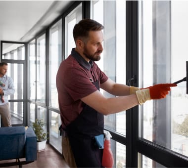 a man cleans a window